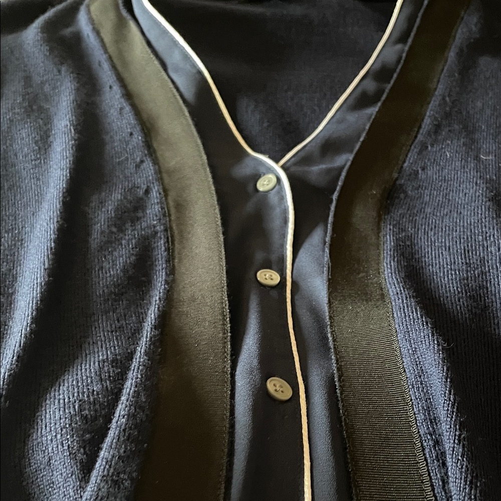 J. Crew Merino Wool Ribbon Front Navy Career Cardigan with Black and White Trim - Picture 4 of 5